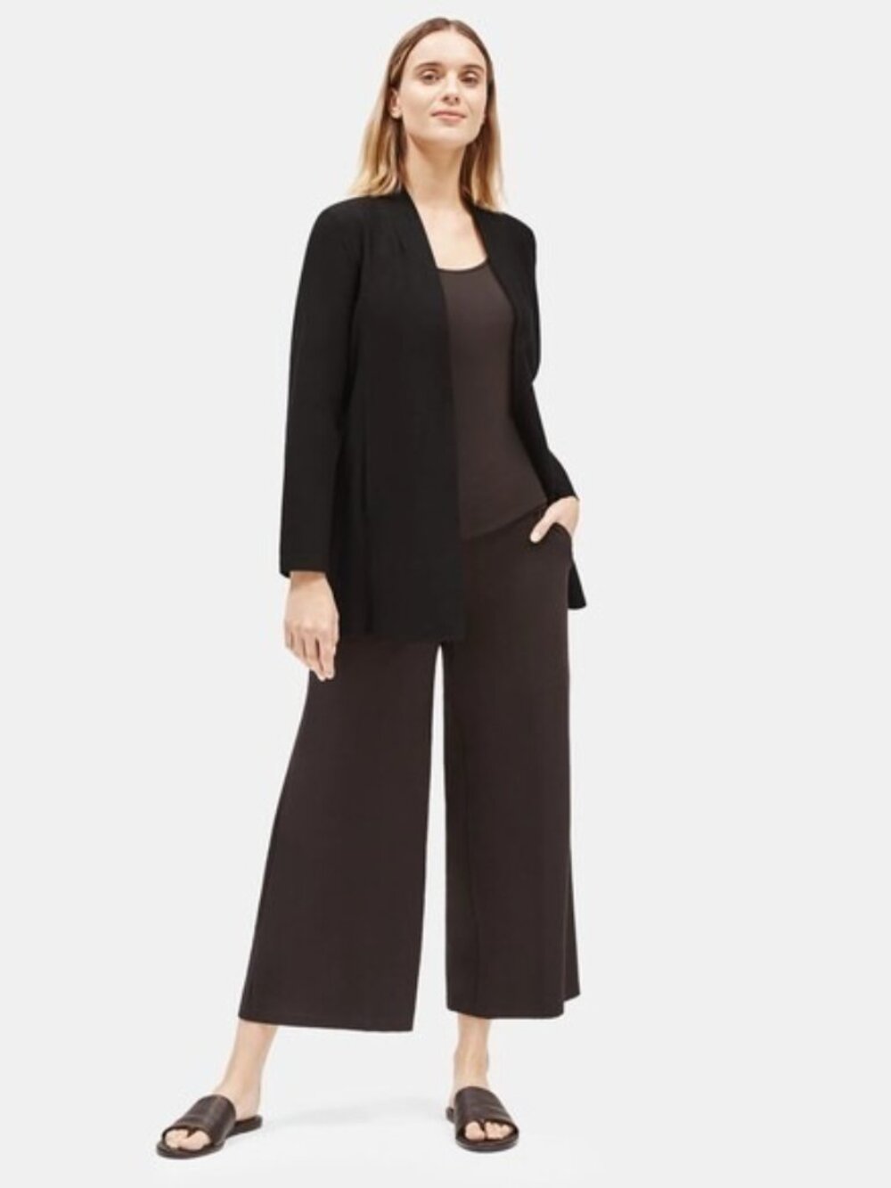 EILEEN FISHER System Lightweight Washable Stretch Crepe Long Jacket black XL